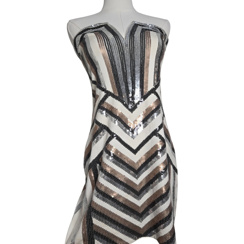 Express Strapless Sequin Bodycon  Mini Dress M Art Deco Chevron Cocktail Party